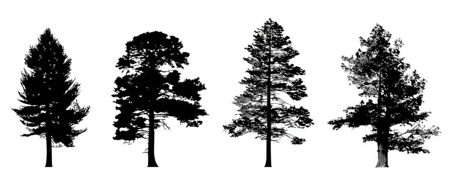 Silhouette Trees Set Against White Background Displaying Varied Shapes and Forms