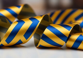 Elegant gold and blue striped ribbon coiled artistically for decoration