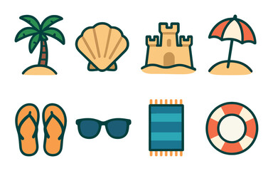 Beach icons: palm, shell, sandcastle, umbrella, flip-flops, sunglasses, towel, lifebuoy