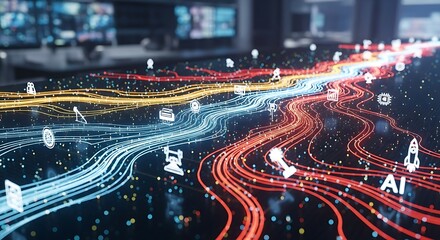 Abstract digital data stream with ai symbols and glowing lines