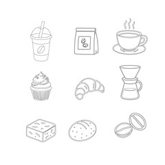 Hand Drawn Coffee and Dessert Vector Set. A curated collection of minimalist hand-drawn coffee and sweet treats illustrations. Modern coffee shop vector set featuring cups, pastries, and desserts.