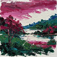 Impressionistic Textured Landscape Painting of a Serene River Valley at Dusk with Vibrant Magenta and Deep Green Foliage Under a Dramatic Pink and