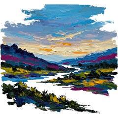 Impressionistic oil painting capturing a vibrant river valley at dawn with thick impasto brushstrokes depicting rolling hills in deep blues and