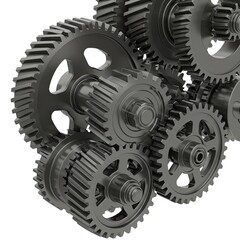 Intricate metallic gears interlocking and rotating in a complex mechanical assembly showcasing precision engineering and industrial power ideal for