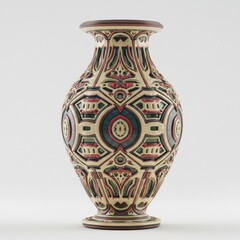 Intricately Detailed Ceramic Vase Exhibiting a Rich Palette of Red Blue and Cream Tones With an Elaborate Geometric Pattern and a Narrow Neck Ideal