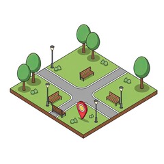 Isometric pixel art park scene with pathways benches streetlights and trees providing a serene urban green space for relaxation and recreation