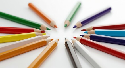 Naklejka premium Colorful Pencils Arranged in a Circle on a White Background to Depict Creativity