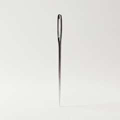 Macro photograph of a single sharp metal sewing needle with a visible eye for threading and a pointed tip poised against a clean bright white studio