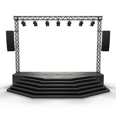 Modern Concert Stage with Professional Sound System and Stage Lighting Setup on a White Background Featuring Tiered Steps and Speaker Towers Ready