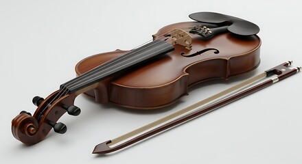 A detailed photograph of a brown violin with a bow, resting on a white surface.