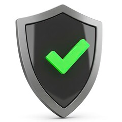 Modern metallic shield emblem with a vibrant green checkmark signifying security and approval against a clean white background in a studio lighting