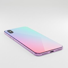 Modern minimalist 3D render of a sleek smartphone device showcasing a captivating iridescent gradient back panel with pastel pink and turquoise hues