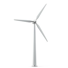 Modern minimalist white wind turbine isolated on a clean white background representing renewable energy and sustainable power generation with three