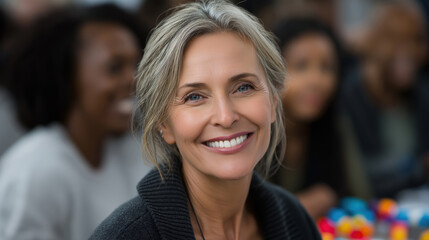 Obraz premium Woman smiling with diverse friends in a bright place