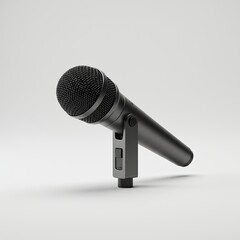 Professional black dynamic microphone with a textured grille and a sturdy stand angled slightly on a plain white studio background with subtle soft