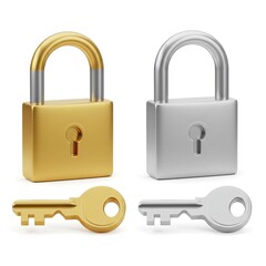Realistic 3D Render of Two Padlocks One Gold One Silver With Matching Keys Isolated on a White Background Representing Security Privacy and Access