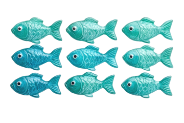 Nine blue-green candy fish arranged in a grid pattern on black background