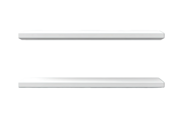 Two simple, horizontal, white shelving units isolated against a black background