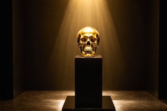 Golden skull on pedestal illuminated from above in a dark room  
