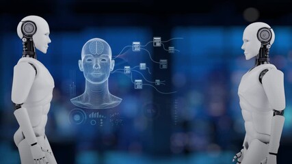 Two futuristic robots engage in a digital interaction with brain graphics, showcasing advanced data processing and artificial intelligence in a modern technology landscape. Synapse - Powered by Adobe