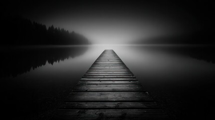 Wooden pier stretches into a misty, still lake with forest reflecting in the water