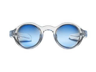 Clear, round sunglasses with gradient blue lenses on a dark background