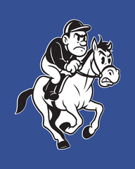 Grumpy jockey racing ahead with determination and speed on a powerful white horse, perfect for sports team logos or mascot designs with a strong attitude vector illustration