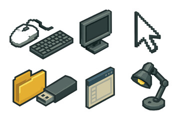 Retro pixel art technology icons featuring mouse, keyboard, monitor, cursor, folder, usb, window, lamp