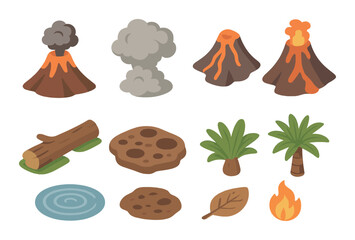 Fototapeta premium Volcano eruption illustrations with nature elements: lava, smoke, trees, fire, water