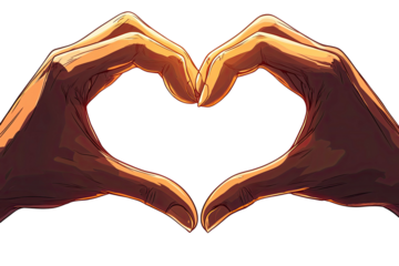 Hands forming heart shape, warm colors, stylized digital illustration