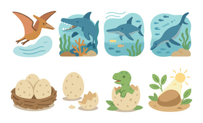Naklejka premium Ancient marine life: dinosaurs, aquatic creatures, and hatching eggs illustration