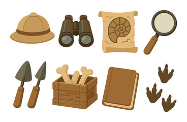 Archaeology tools and fossils with magnifying glass, helmet, and binoculars on brown background