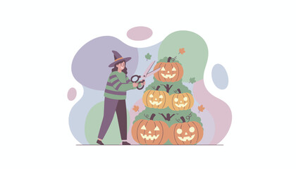 Obraz premium Woman in witch hat joyfully decorates a pumpkin pyramid for Halloween celebration