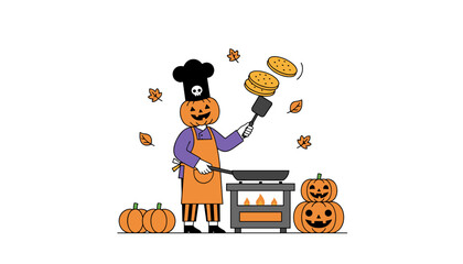 Pumpkin chef flipping pancakes on stove with autumn leaves and jackolanterns Halloween cooking fun