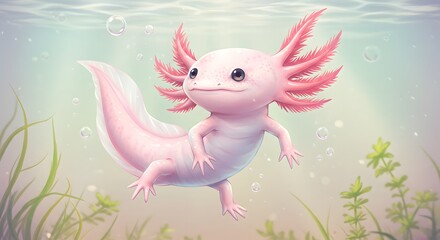 Cute Axolotl Swimming Underwater