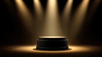 Empty stage with spotlight and dark background creating a dramatic atmosphere for performances, presentations, or awards in a professional setting