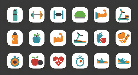 Modern Fitness App Icons with Clean Flat Style in White Squares