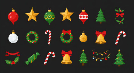 Fototapeta premium Festive Christmas Decorations Icons Including Ornaments, Candy Canes, and Lights
