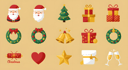 Flat Design Christmas Icons on Warm Beige Background for Holiday Projects