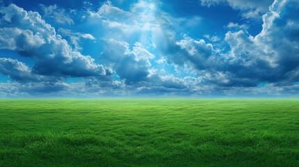 Fototapeta premium Lush Green Field Under a Dramatic Sky with Fluffy Clouds and Rays of Sunlight Illuminating a Peaceful Landscape in Nature's Serenity