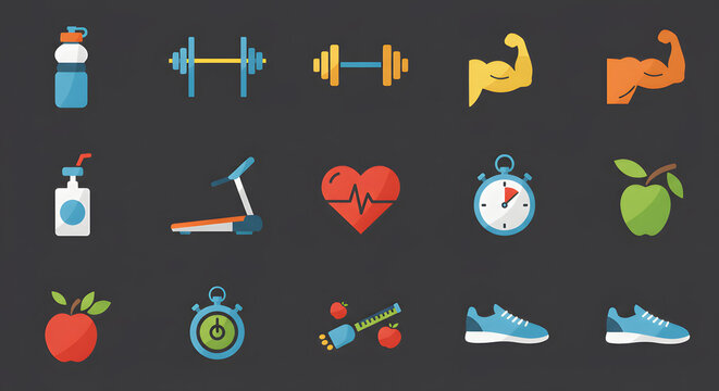 Flat Design Fitness Icons Set on Dark Background for Modern UI and UX