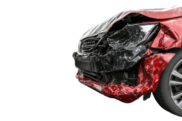 Wrecked car's front end shows crumpled metal & broken headlight on black