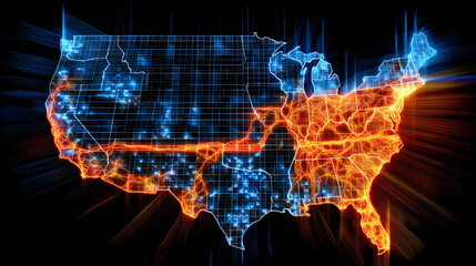 Glowing U.S. map with electric grid lines and blue-orange energy pulses, symbolizing power flow, renewable energy, and modern infrastructure in a futuristic tech style