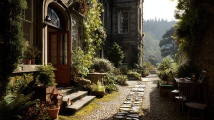 Obraz premium Serene Garden Pathway Surrounded by Lush Greenery and Charming Architecture in Tranquil Outdoor Setting at Daylight