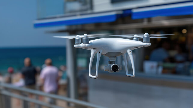 Drone flying near beachside cafe with people enjoying the sun