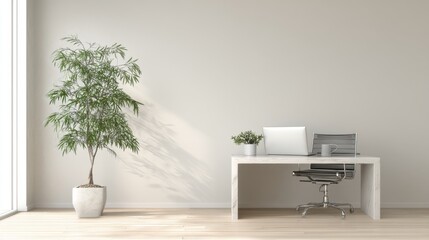 Modern minimalistic home office with plant, white walls, wooden floor, sleek desk, laptop, and comfortable chair showcasing a serene working environment