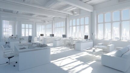 Bright modern office interior with white furnishings, large windows, and minimalist design, showcasing a professional work environment with natural light