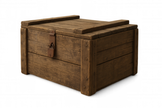 Wooden chest with rusty padlock, symbolizing mystery, security, and hidden treasure, on transparent background