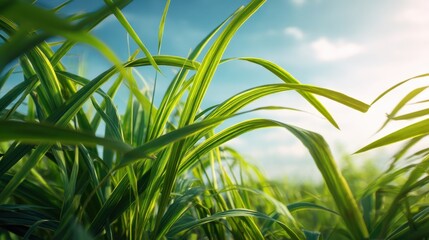 Fototapeta premium Lush Green Grass Blades Reaching Toward Bright Sky in Warm Sunlight, Symbolizing Nature's Beauty and Serenity in a Peaceful Outdoor Setting