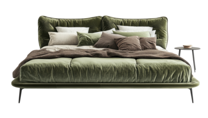Luxurious, green velvet bed with pillows, blanket, and side table